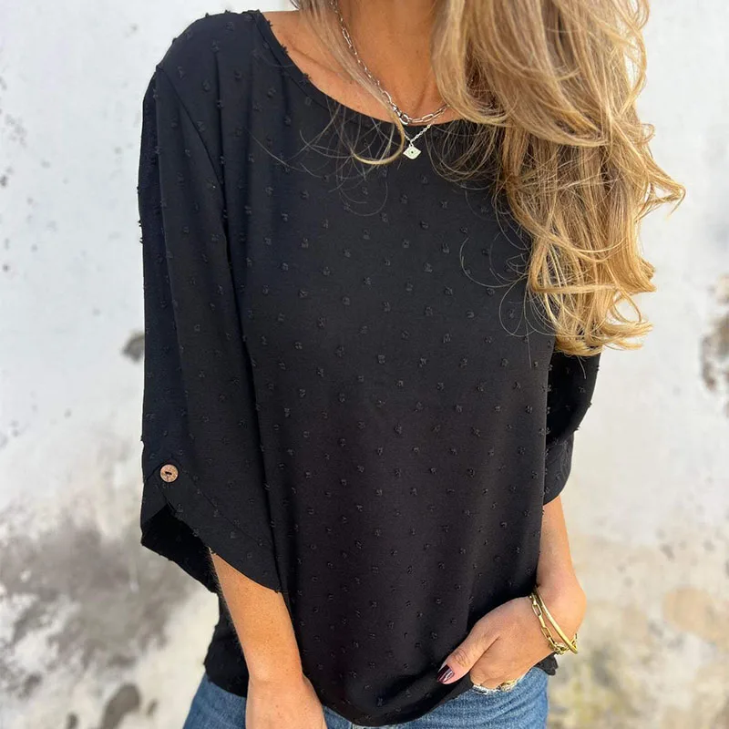Europe and the United States spring autumn round collar chiffon jacquard fashion casual loose shirt T-shirt women's wear