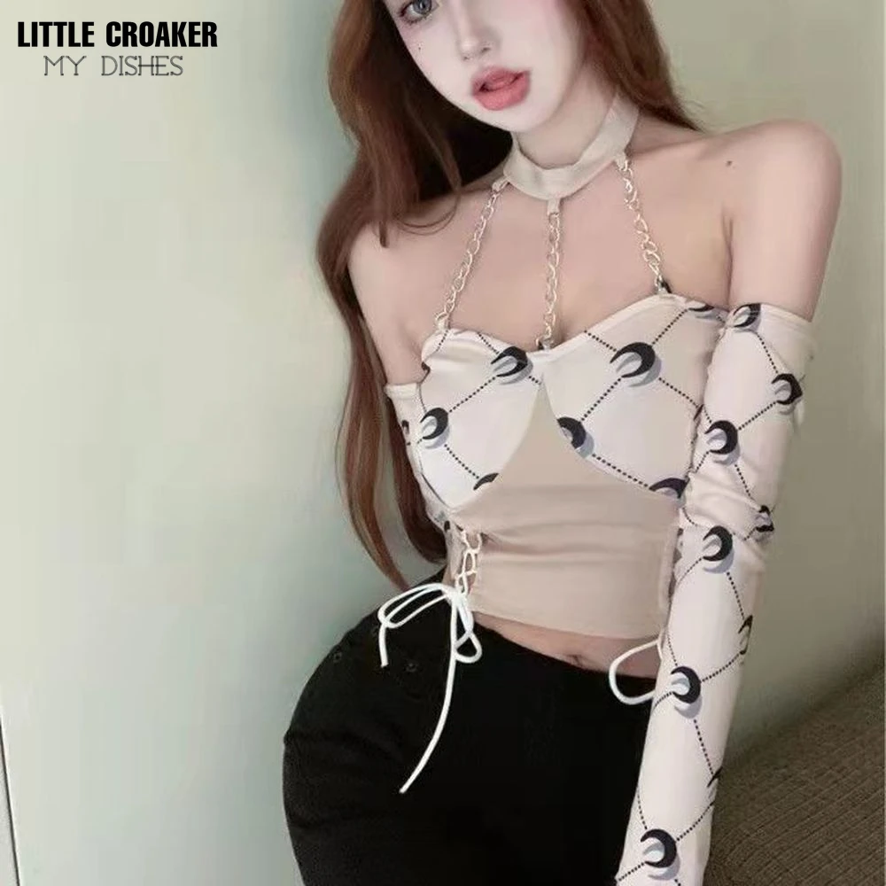 

Designer Off Shoulder Patchwork Top Long Sleeve Top Chain Neck T Shirt Women Tee Shirt Summer Fashion Y2k Crop Top