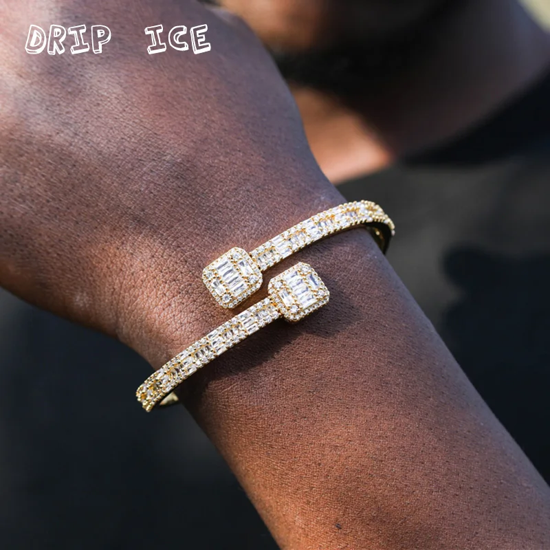 

8mm Luxury Baguette CZ Love Heart Gold Silver Color Bangle for Male Hiphop Wrist Bracelet Jewelry Punk Bangle