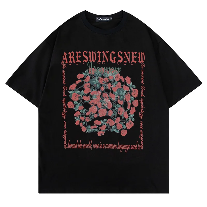 

2022 Hip Hop Vintage Streetwear T Shirt Letter Flower Print Graphic T Shirts Summer Harajuku Casual Cotton Short Sleeve Tops