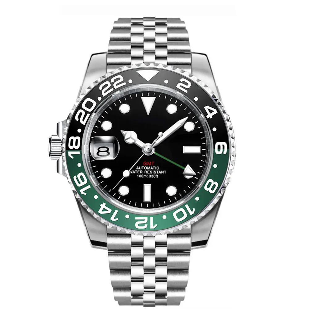 

Left Crown Men Custom Logo Mechanical Wristwatch Luminous GMT Watch Top Brand Sapphire Glass 10Bar Male Clock Reloj Hombre