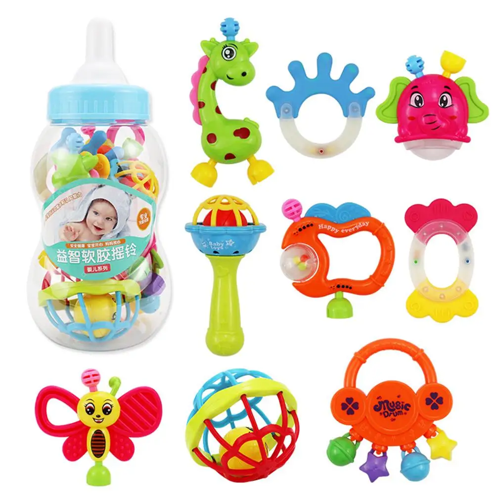 

9pcs Baby Rattles Set Bottle Storage Grab Shaker Newborn Teething Toys Hand Development Teethers Early Educational Toy
