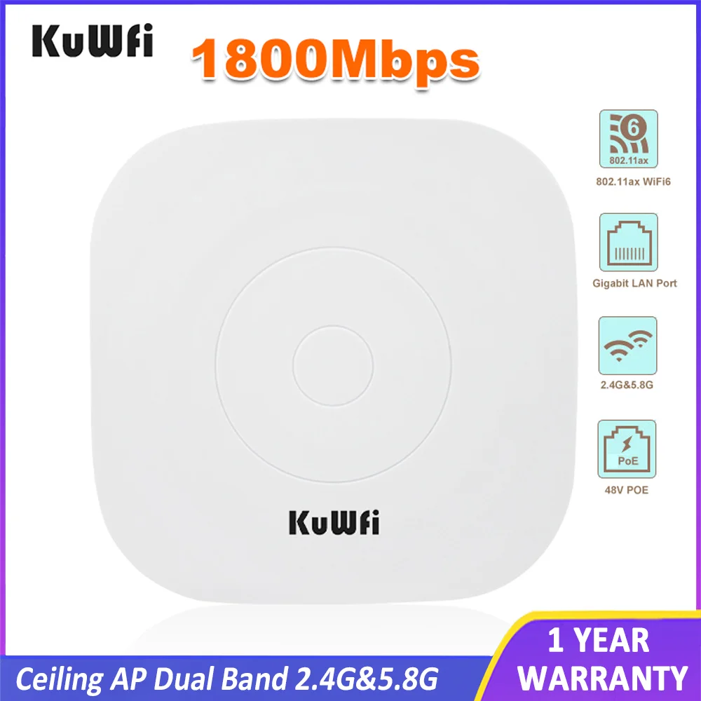 KuWFi 1800Mbps WiFi 6 Router Wireless Ceiling AP 2.4G&5.8G 11AX WiFi Range Extender Router Access Point Gigabit LAN 48V POE