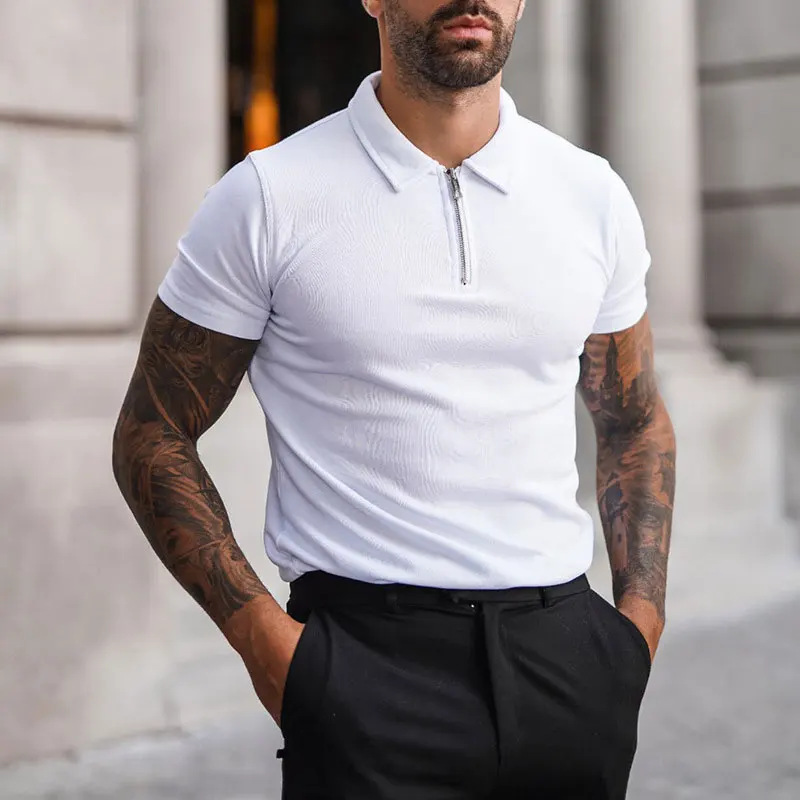 Рубашка-поло мужская с коротким рукавом уличная одежда на молнии в стиле ретро