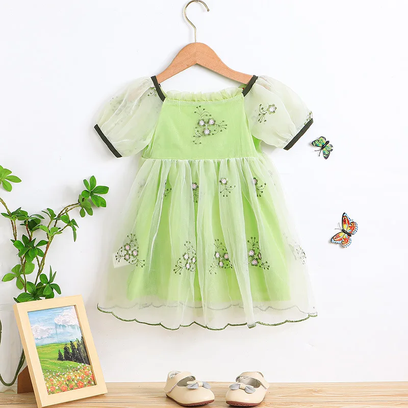 

Summer 2023 New Arrivals Girls Short Sleeve O Neck Floral Mesh Green Roupa Infantil Menina Cute Party Dress Custume 18M-7T