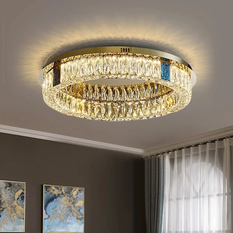 

Luxury Living Room Crystal LED Ceiling Lamp Bedroom Kitchen Island Fixtures Stainless Steel Round Chrome Art Ceiling Chandelier