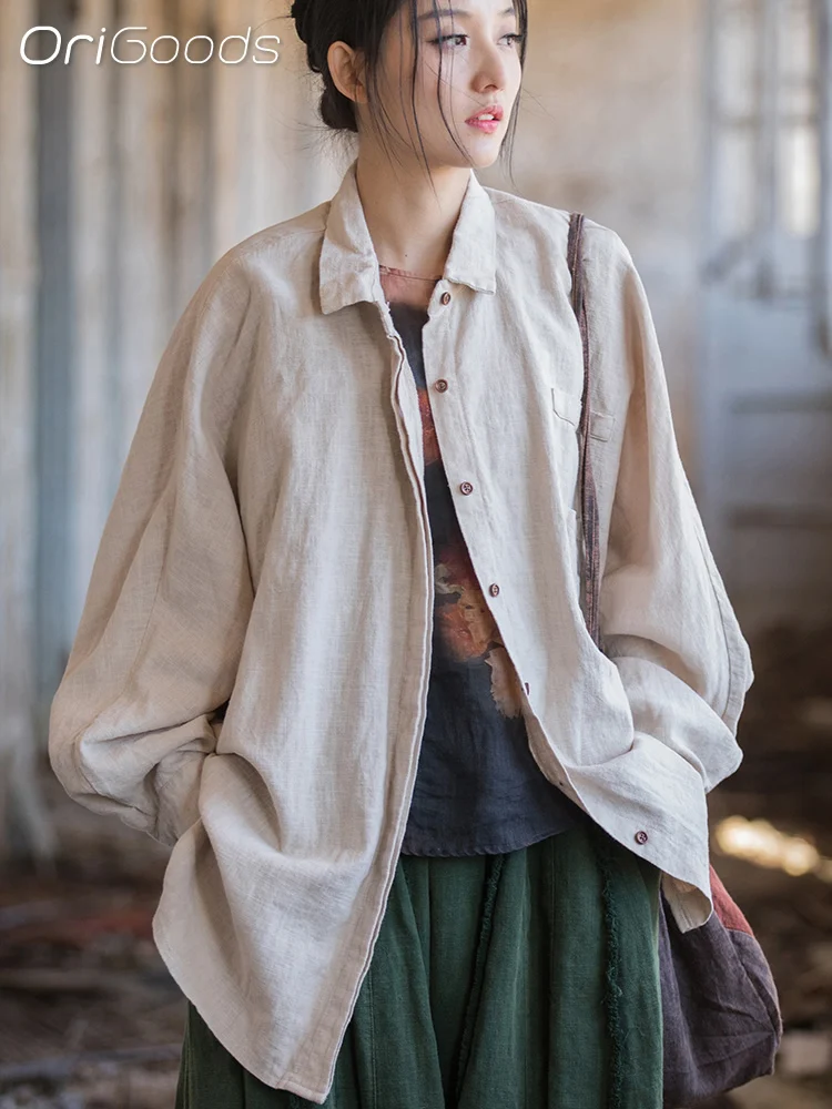 OriGoods рубашка оверсайз для женщин с длинным рукавом из бавовни Ramie свободные