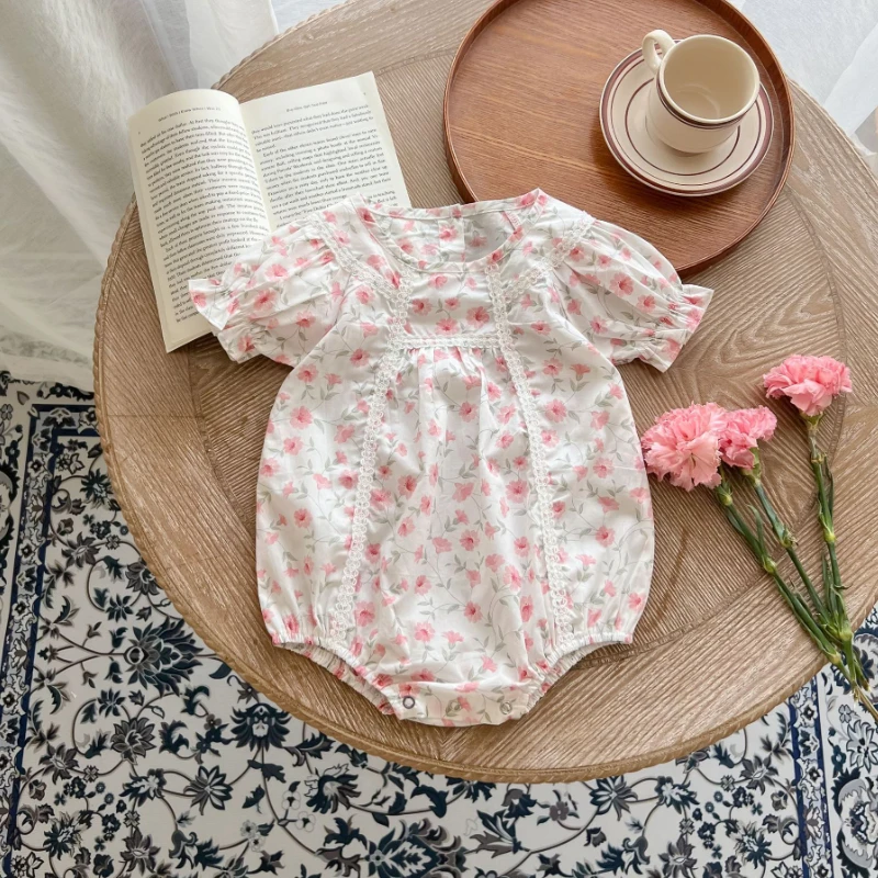 

Summer Newborn Baby Clothes Baby Girl Clothes All Cotton Sweet Lace Short Sleeve Pink Broken Flower Bag Fart Climbing Bodysuit