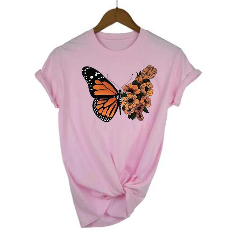 

Short Sleeve Tee Shirt Femme Cartoon Butterfly Floral Print T Shirt Women Top Cotton Casual Tshirt Camiseta Mujer