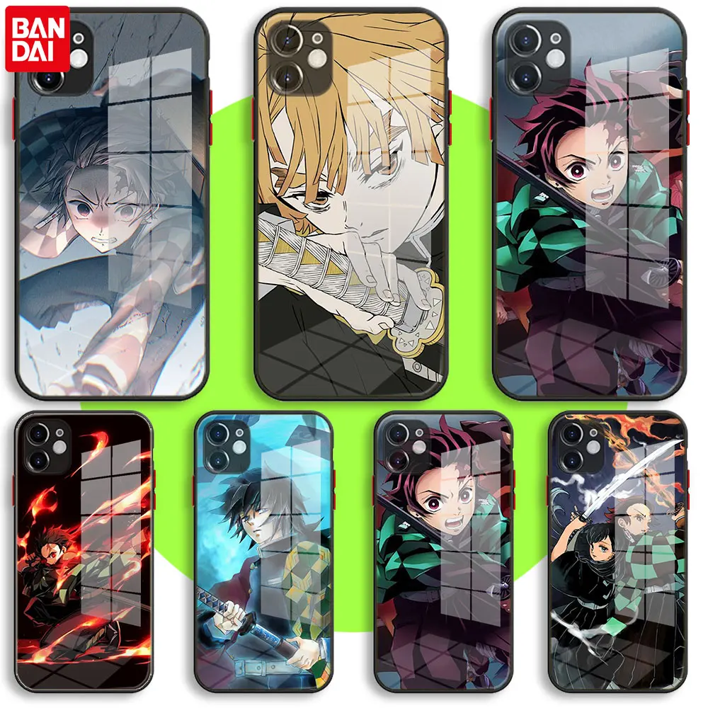 

BANDAI Black Glass Case For iPhone 13 11 12 Mini Pro Max XS XR X 7 8 6 Plus SE2 Silicone Cover Demon Slayer Kimetsu no Yaiba