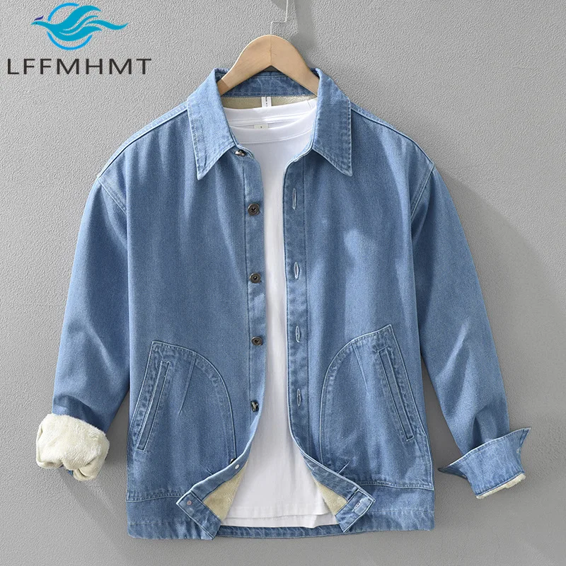 8925 Japan Style 100% Cotton High-end Good Quality Warm Denim Long-sleeved Shirt Men's Casual All-match Loose Thicken Fleece Top