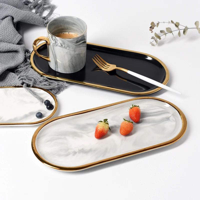 

Nordic Marble Tray Household Ceramic Oval Tray Western Food Tray Jewelry Storage Tray Dessert Tray Living Room Decoration