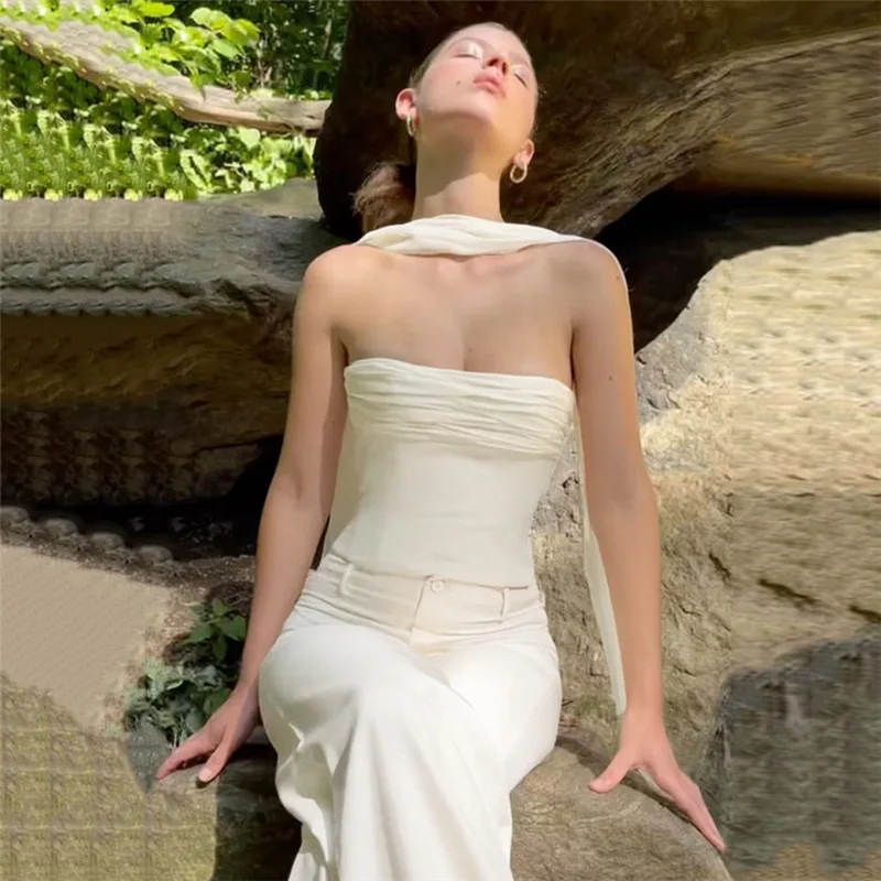 

White Strapless Crop Top Women Bandage Summer Sleeveless Tube Tank Tops Sexy Backless Cami Party Elegant Y2k Top