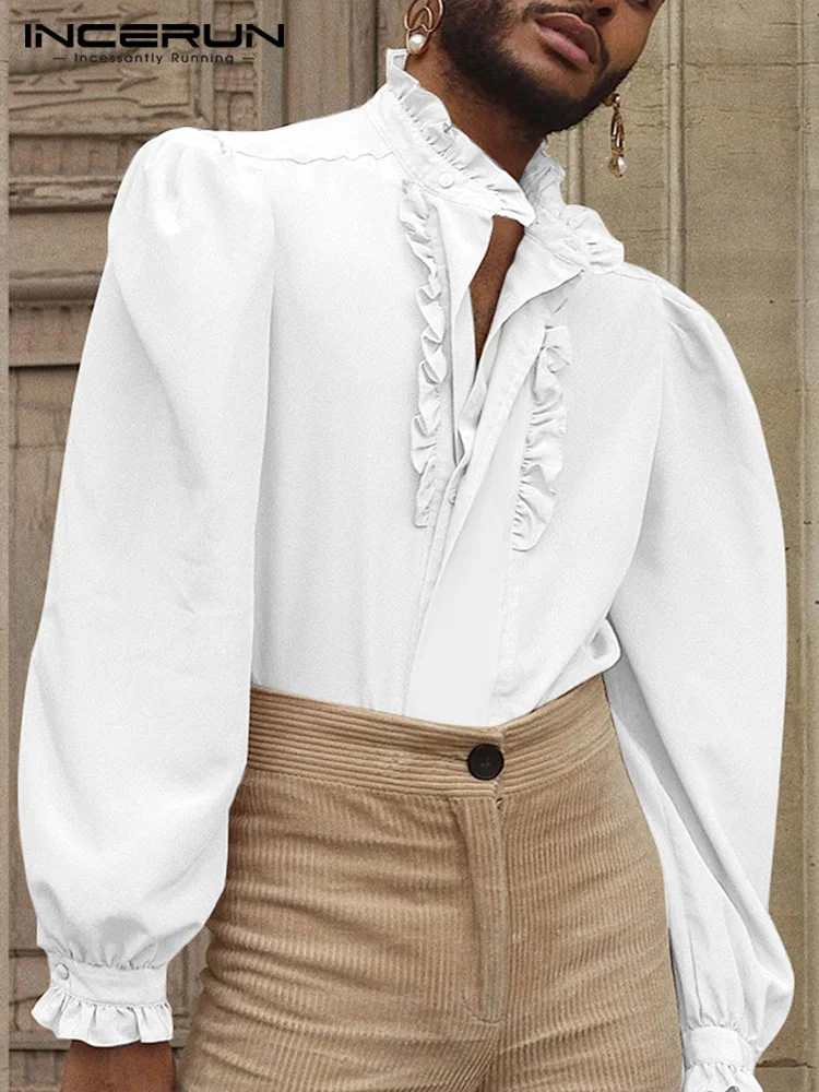 

Men Shirt Stand Collar Solid Color 2022 Long Sleeve Ruffle Casual Men Clothing Streetwear Elegant Fashion Camisas S-5XL INCERUN