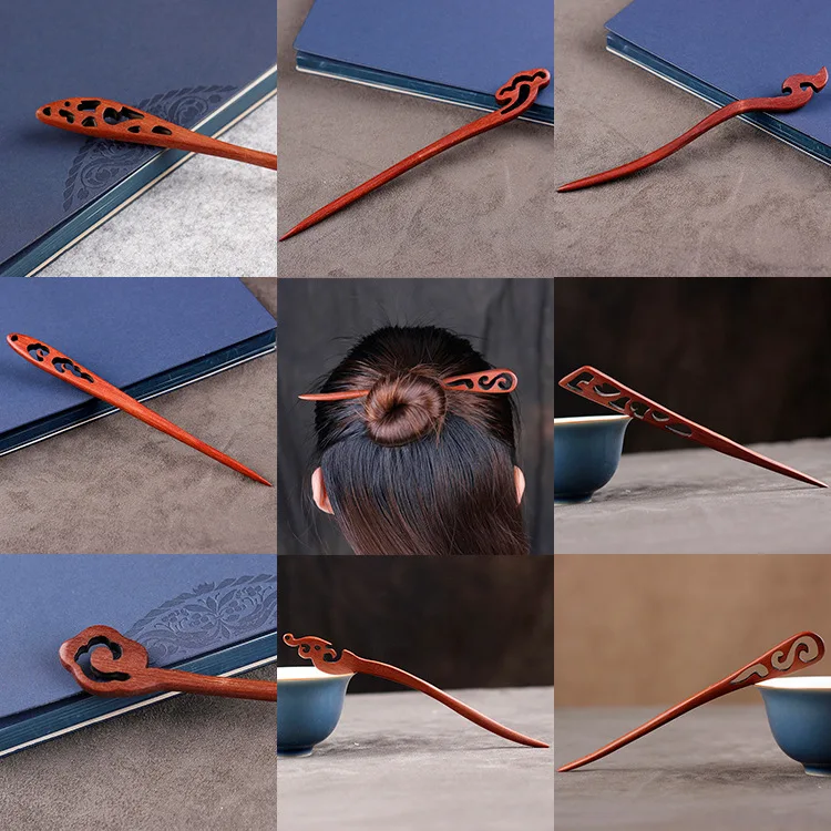 

Vintage red Sandalwood Hair Pins Hair Stick Wood Headpiece artistic wooden hairpin coiled hair ornaments classical headdress