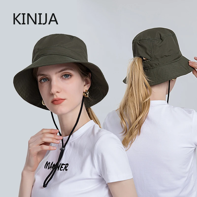 Men Bucket Hats Summer Sun Hats for Women Outdoor Beach Fishing Hiking UV Protection Visor Cap Foldable Short Brim Ponytail Hat