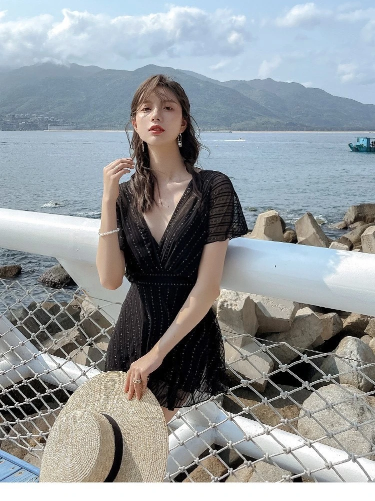 

Лидер продаж, весенний женский купальник с V-образным вырезом и коротким рукавом-лепестком, сплошной купальник 2022 года, скрывающий живот, ко...