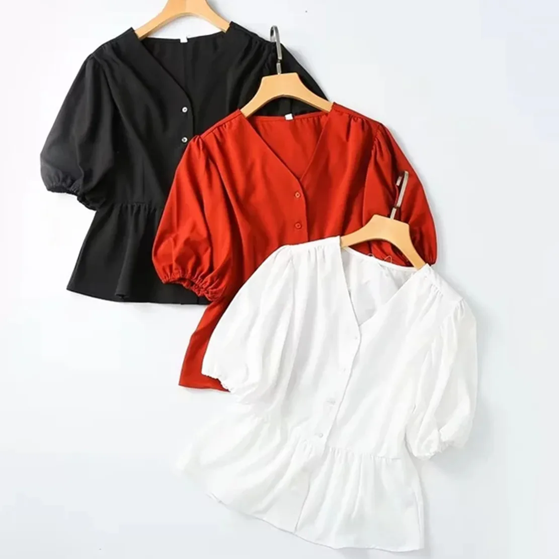 

Dave&Di V-neck Puff Sleeve Loose Shirt Casual Blouse Women Japanese Style Solid Single Breasted Blouse