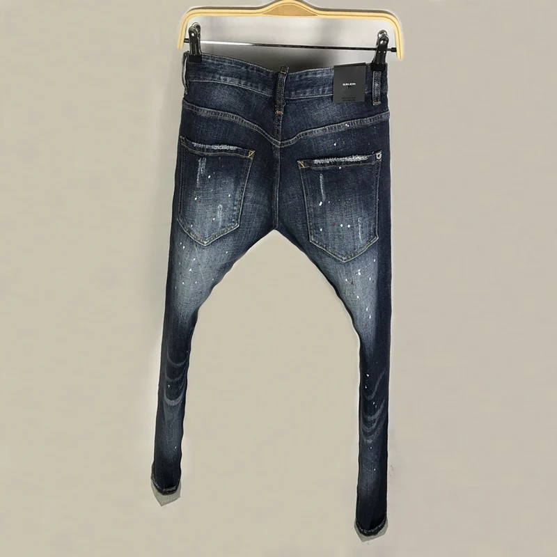 Italian Style Fashion Men Jeans High Quality Vintage Blue Stretch Slim Fit Ripped Jeans Men Painted Designer Brand Pants Hombre