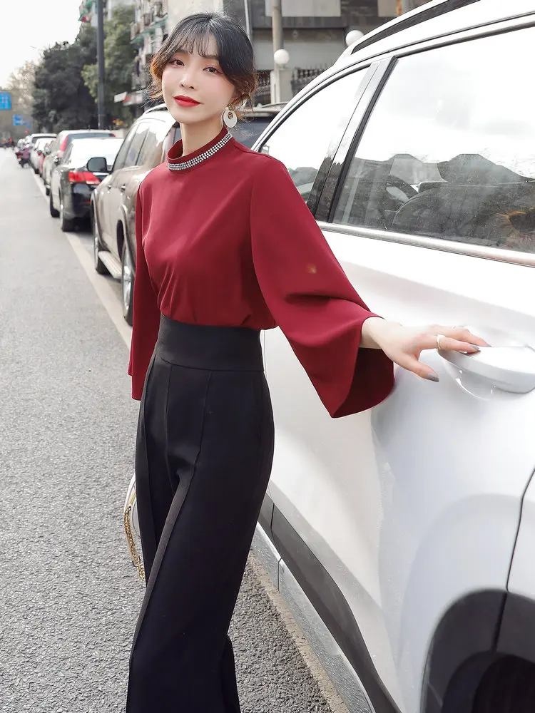 French Style Women Claret-Red Blouse And Wide Leg Pant 2PCS Suits Sets Office Lady Mandarin Sleeve Top And Trouser Twinset 2022