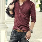 Футболка мужская с V-образным вырезом, Стильная приталенная рубашка с длинным рукавом, Повседневная однотонная одежда на пуговицах, размера плюс, S-3XL, осень 2021