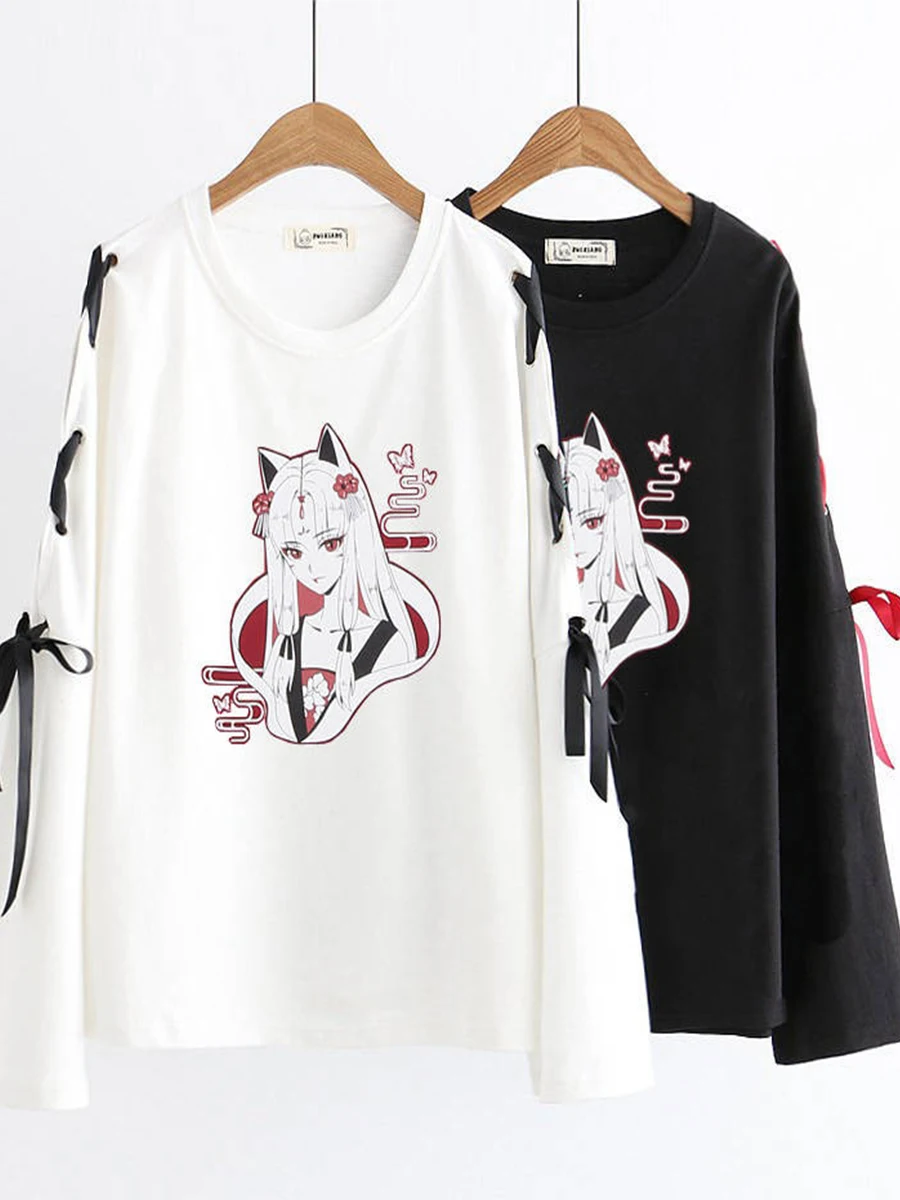 

Cartoon Cat T Shirt Women Casual Long Sleeve Top Tees Kawaii Female Lolita Girls Neko Atsume Japan Anime Shirts Blusa Vestidos