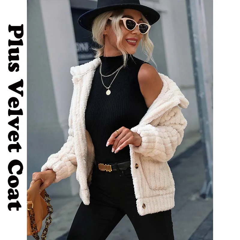 Plus Velvet Thicken Coat For Women winter jacket Reversible Fleece Single Breasted Lapel Long Sleeve Stripe Regular Plush Jacket