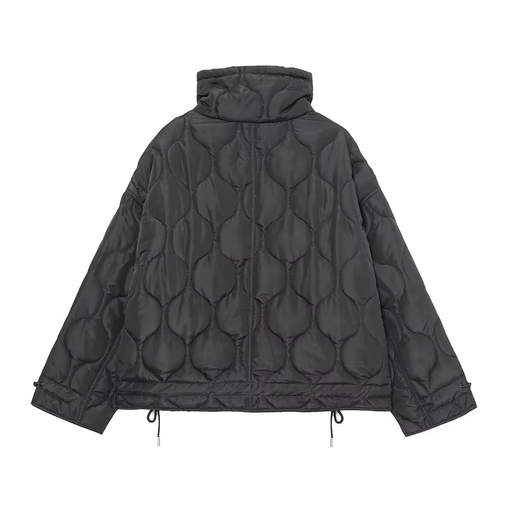 KEYANKETIAN Women's Short Black Cotton Jacket new Fall/winter wavy quilted trim retro style stand collar loose lightweight coat
