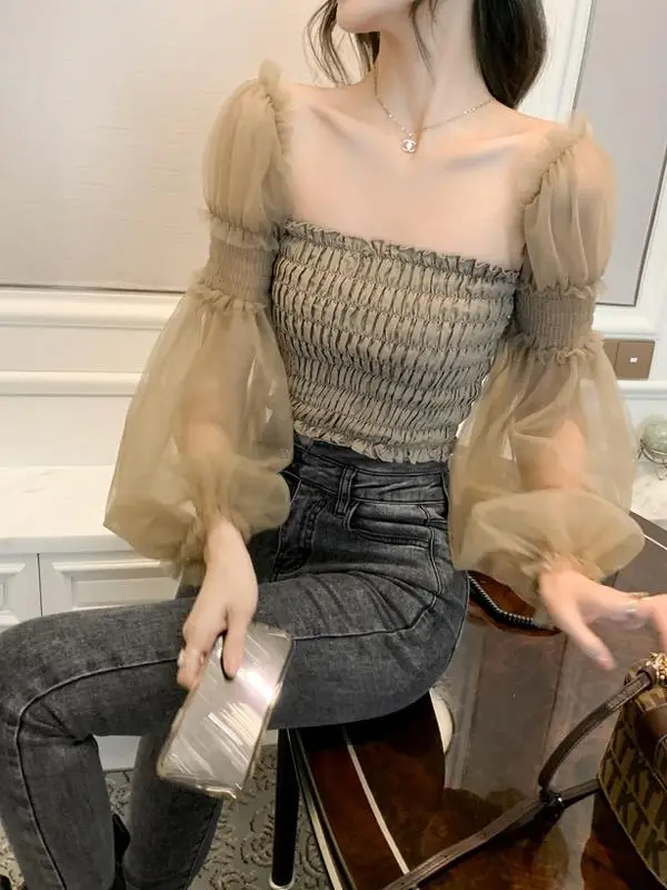 off-Shoulder Chiffon Shirt 2023 Spring and Summer New Lantern Sleeve Puff sleeve Western Sle Small Women Ozhouzhan of...