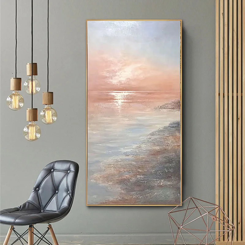 

Hand Painted Oil Painting Sunrise Porch Decorative Painting Corridor Vertical Canvas Seascape Scenery Mural Frameless