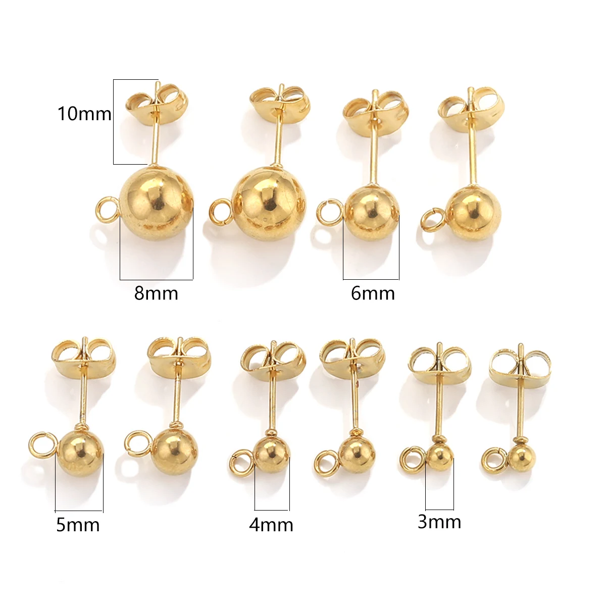 20 Stück Edelstahl hypoallergen 3 4 5 6 8 mm runde Kugel-Ohrstecker mit Schlaufe, passend für DIY-Ohrringe, Schmuckherstellungszubehör – Detail 3