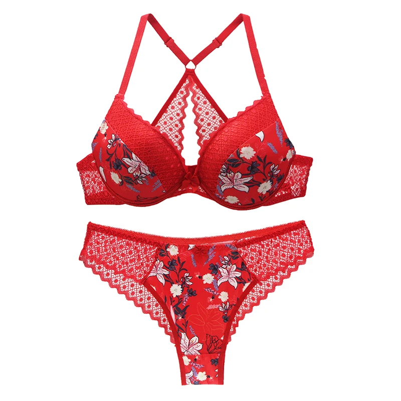 

Sexy Lingerie Push Up Bra Sets Printed Beauty Back Bra and Underwear Lace Bra and Panty Sets
