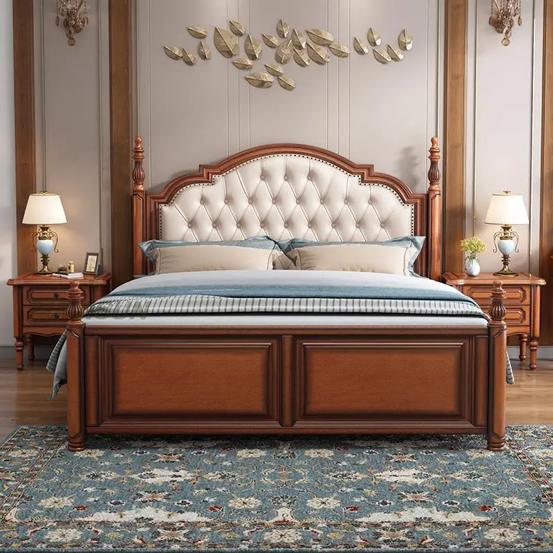 

Classic Simple Retro Roman Column Bed Master Bedroom Couple Double Storage High Box Solid Wood Bed Leather Soft Headboard