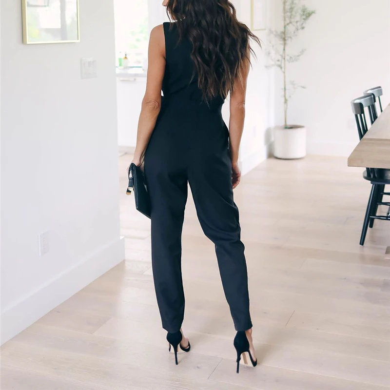 Women Solid Bandage Casual Jumpsuits 2023 Summer Fashion Lace Sleeveless V-neck Pocket Long Pants Rompers Black Jumpsuit Female