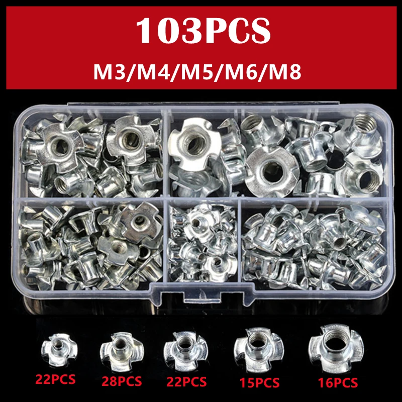 

103PCS Zinc Plated M3/M4/M5/M6/M8 Four Pronged T Nuts Blind Inserts Nut For Wood Furniture