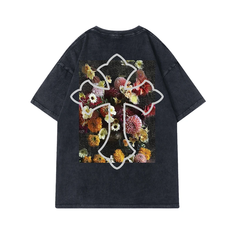

Summer T-shirt Women's Streetwear Hip Hop Vintage Distressed Cross Print Tops 100% Cotton Loose Round Neck Short Sleeve Tees Men