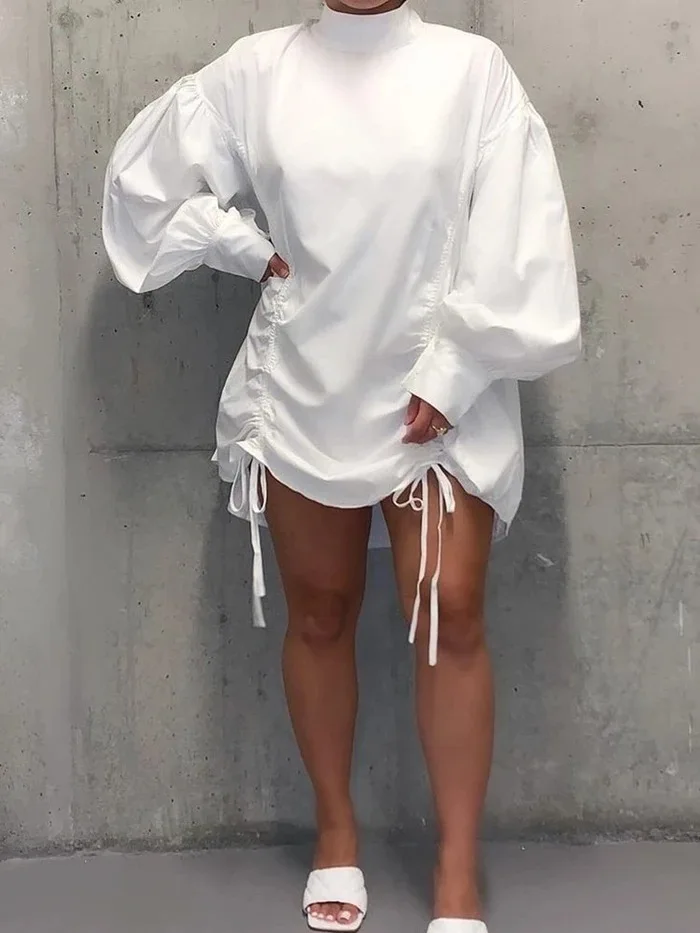 

2021 Fall Women White O-neck Puff Sleeve Drapped Mini Dress Loose Style Plus Size Dress Korean Casual Solid Short Dress Indie