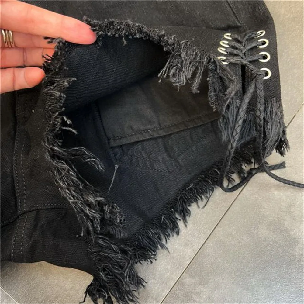 Sweet Cool Dark Gothic Hip Hop Streetwear Female Black Personality Summer Bandage Tassel Trend Jeans Raw Fringe Denim Shorts