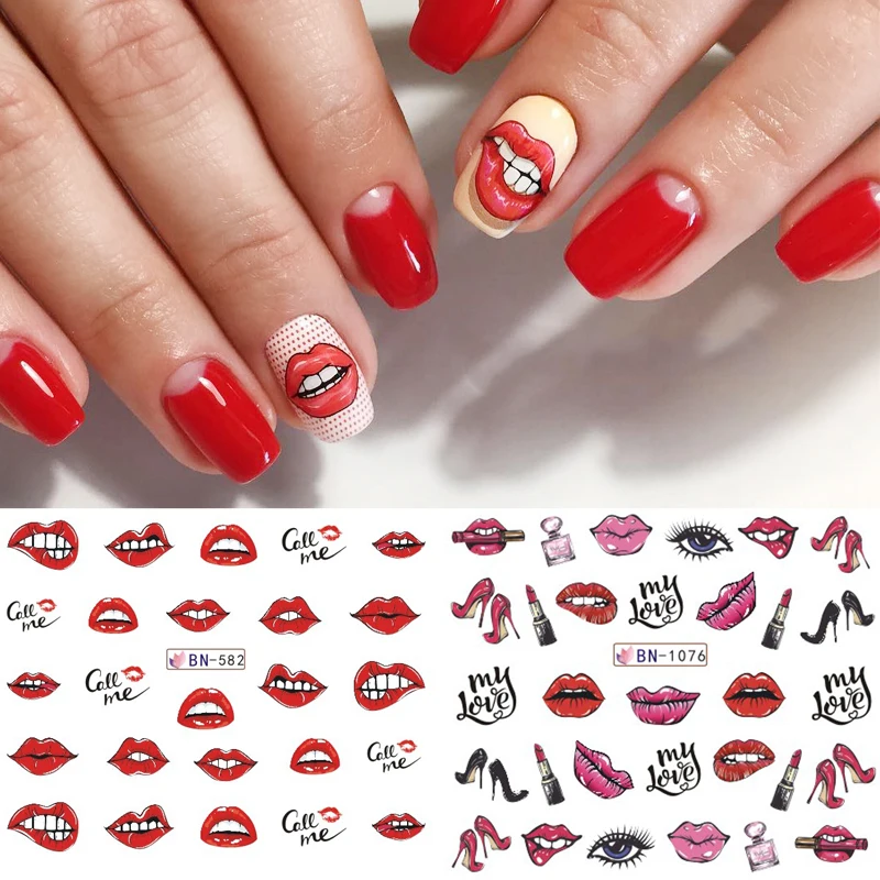 

12pcs Red Lips Nail Water Decal Valentine Lover Nail Art Stickers Slider Water Transfer Decals Nail Decoration