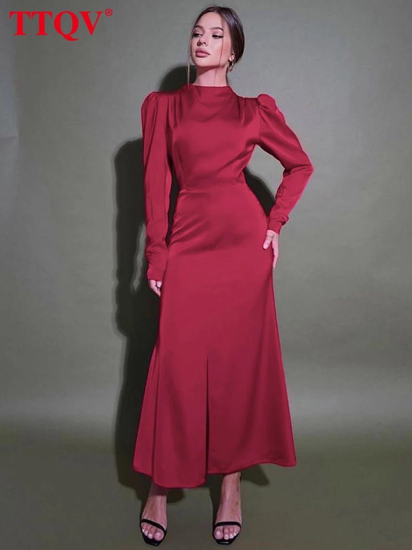 

TTQV Elegant Pink Satin Womens Dresses 2023 Fashion O-neck Long Sleeve Simple Dress Spring High Waist Midi Dress Female Clothing
