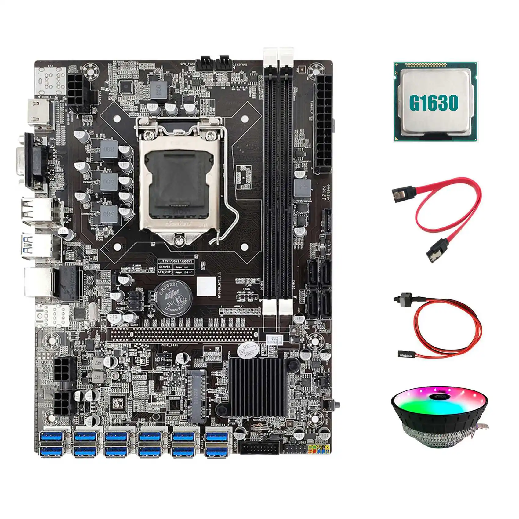 

B75 ETH Mining Motherboard 12 PCIE to USB3.0+G1630 CPU+Switch Cable+SATA Cable+RGB Fan LGA1155 DDR3 B75 USB Motherboard