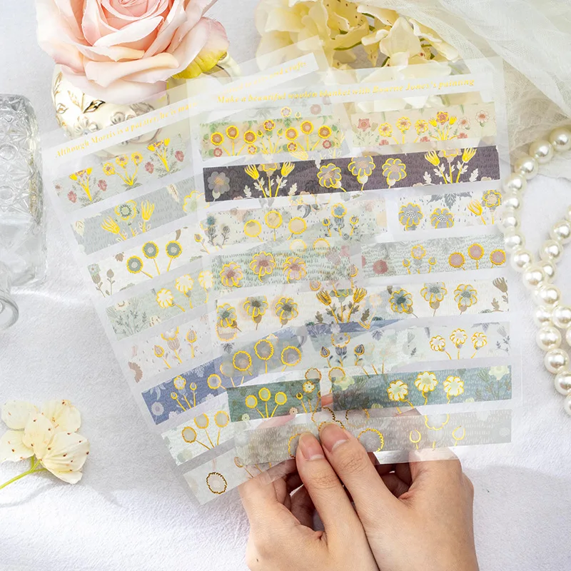 

Vintage Washi Paper Long Strip Sticker Hot Stamp Flower Hand Account DIY Material Decorative Stationery Stickers Junk Journaling