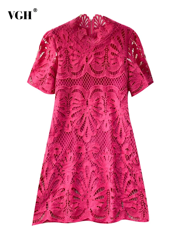 

VGH Vintage Patchwork Lace Dress For Women Stand Collar Short Sleeve Cut Out High Waist Casual Solid Dresses Female Clothing New