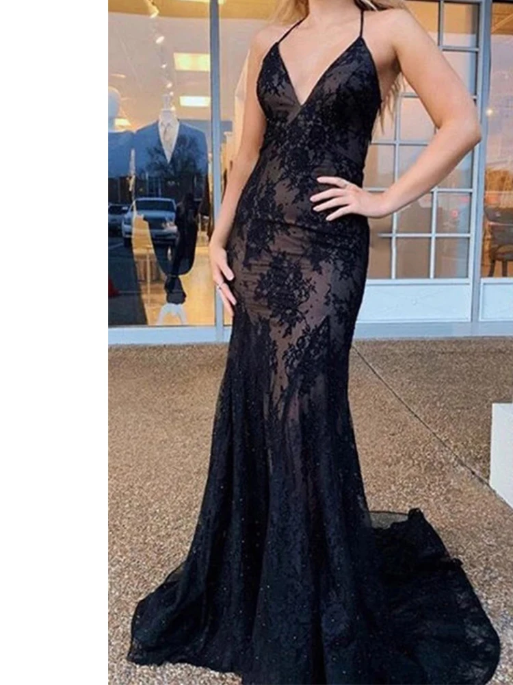 

2022 Sexy Black Backless Homecoming Dress Deep V-Neck Mermaid Evening Prom Dress Spaghetti Strap Lace Applique Robe De Soirée