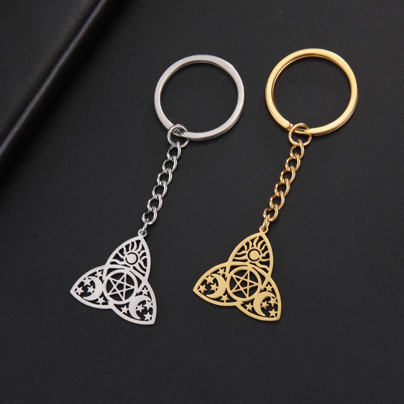 

LIKGREAT Triquetra Trinity Knot Keychain Stainless Steel Sun Moon Star Suspension Key Ring Vintage Good Luck Amulet Jewelry Gift
