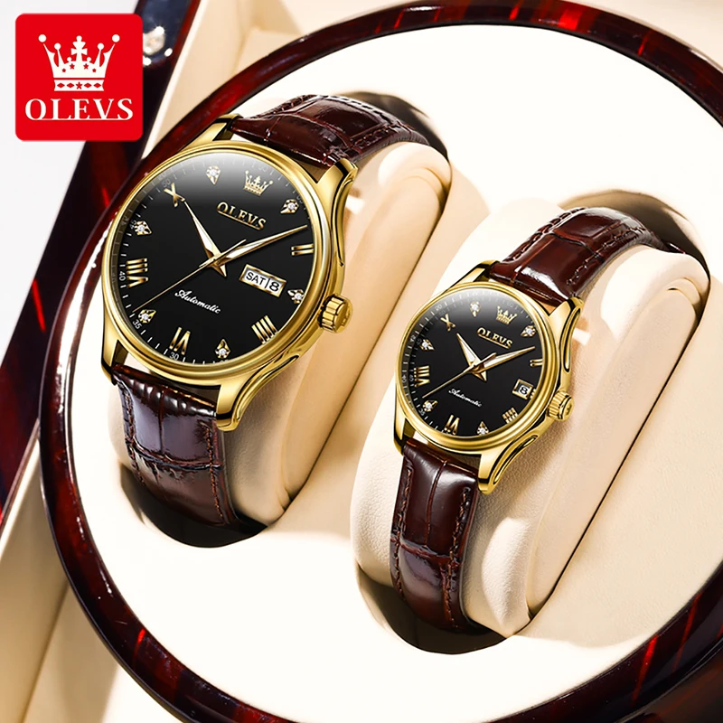 OLEVS Luxury Genuine Watch 2022 New Fashion Casual Couple Watches Mechanical Watch Luminous Waterproof Leather Strap Couple 9932