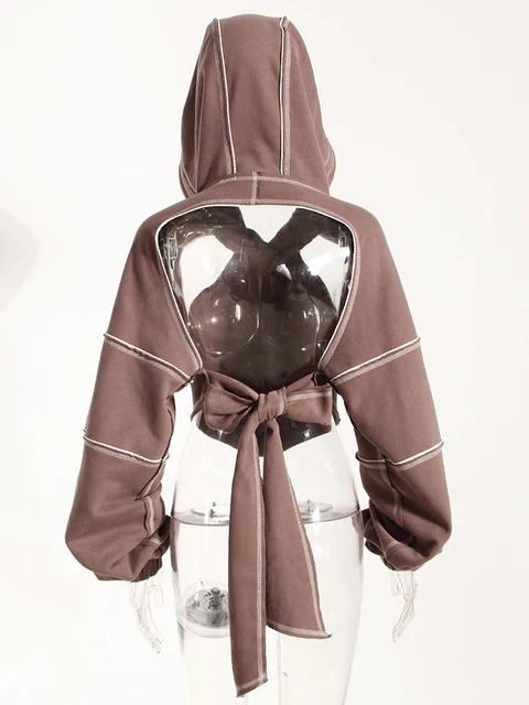 [EAM] Brown Back Bow Irregular Cut-out Sweatshirt New Hooded Long Sleeve Women Big Size Fashion Tide Spring Autumn 2022 1DF1820 3