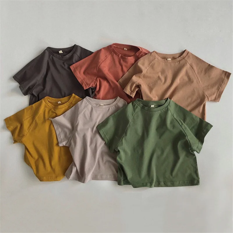 

Summer Kids T-shirt Fashion Solid Girls Tees Short Sleeve Cotton Boys Tops Korean Casual Children Clothes For 1-8Y