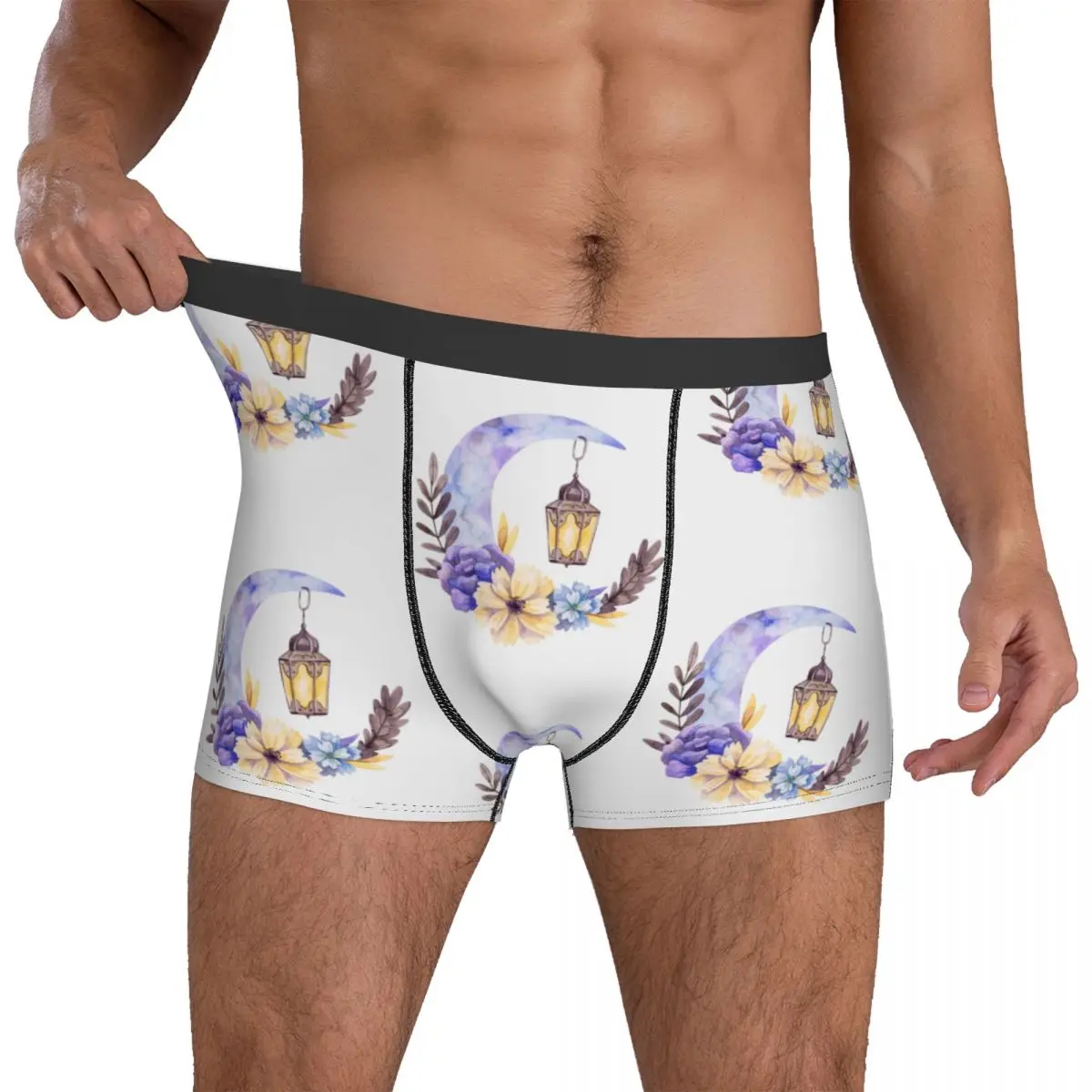 

Eid Mubarak Floral Crescent Underwear Moon and a Hanging Lantern Customs Boxer Shorts Trenky Man Underpants Breathable Panties