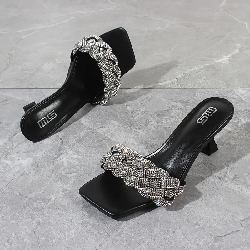 Modern Slippers 2022 Summer New Handwoven Crystal High Heel Sandals Outside White Fashion Sexy Party Women's Slippers